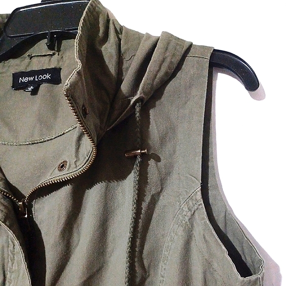 NEW LOOK Military Utility Hood Sleeveless Drawstring Distress Cargo Jacket EUC - Picture 7 of 13